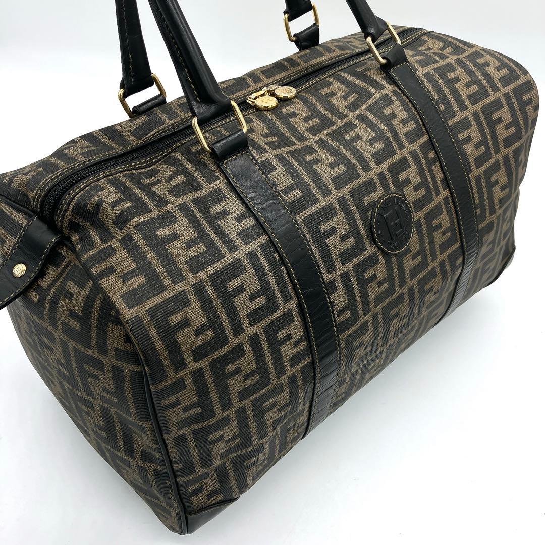 【FENDI】ボストンバッグ　ズッカ柄　ゴールド金具　PVC ブラウン　ブラック