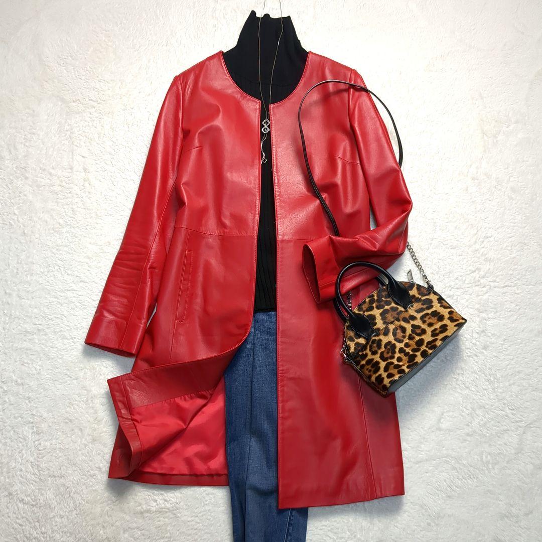 美品✨ラムレザーレザーコート　イタリア製ラムレザー　レッド　Sサイズ