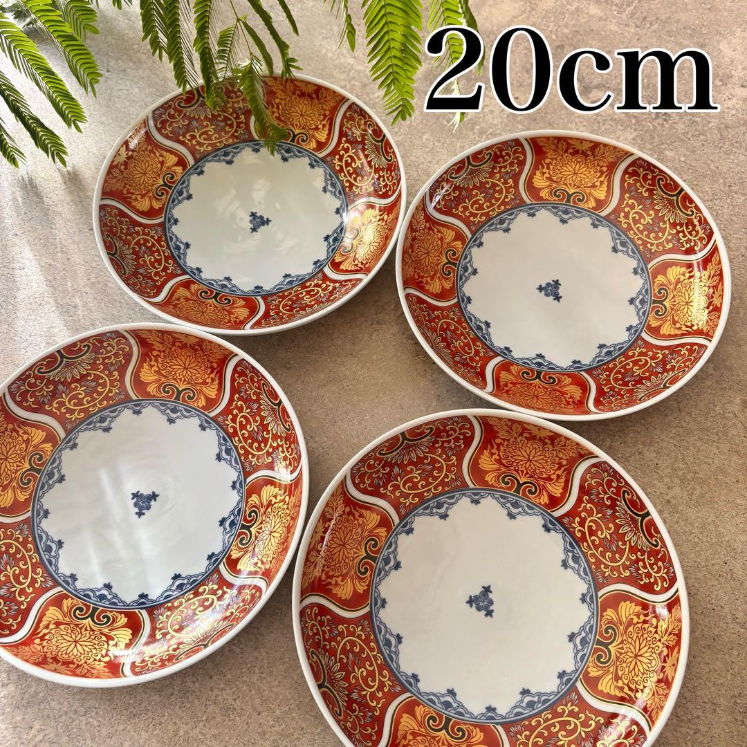 献上古伊万里　大皿　4枚　赤　金彩　曼荼羅　唐草　多用皿　レッド　プレートL