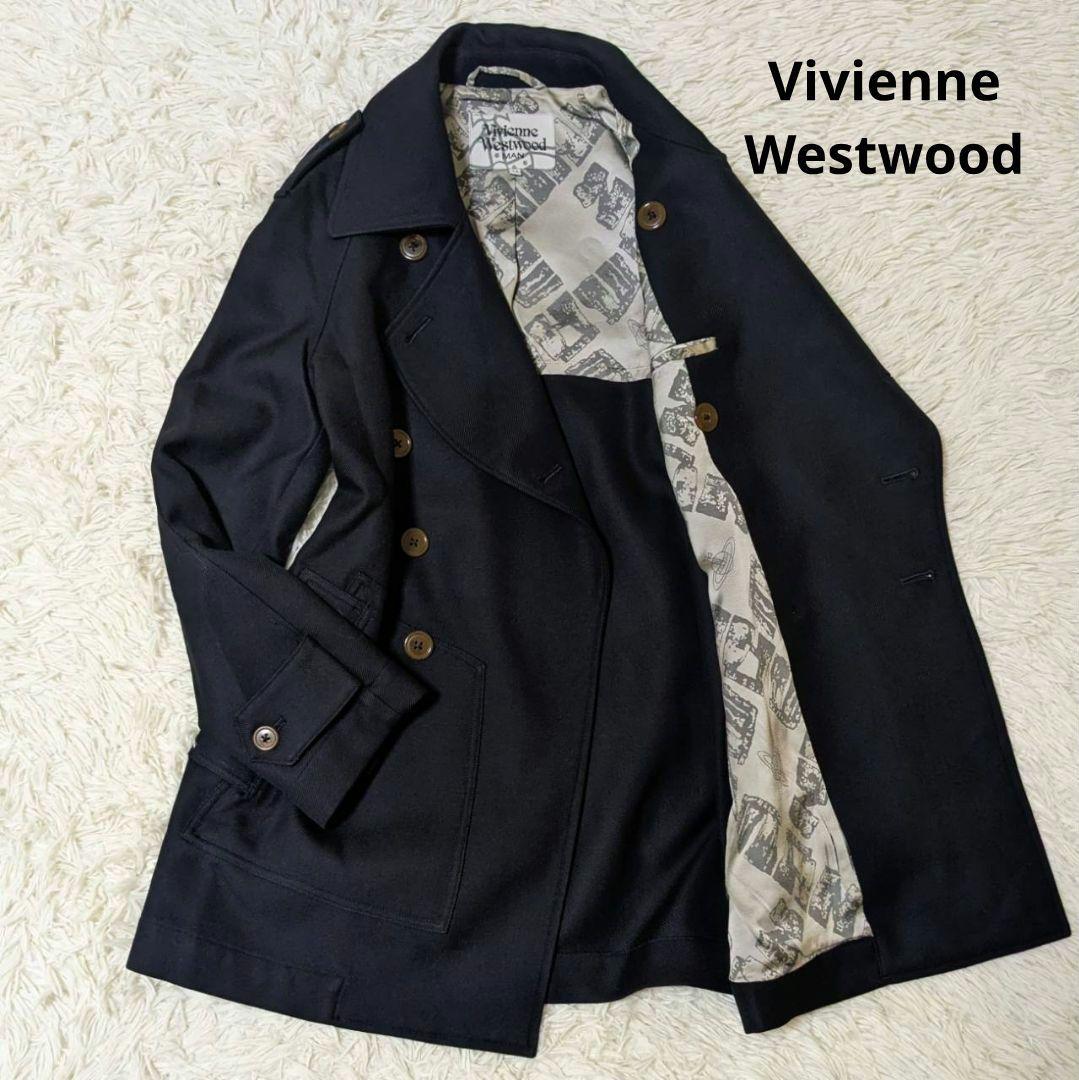 ヴィヴィアンウエストウッドマン 裏地オーブ総柄 トレンチコート ネイビー S