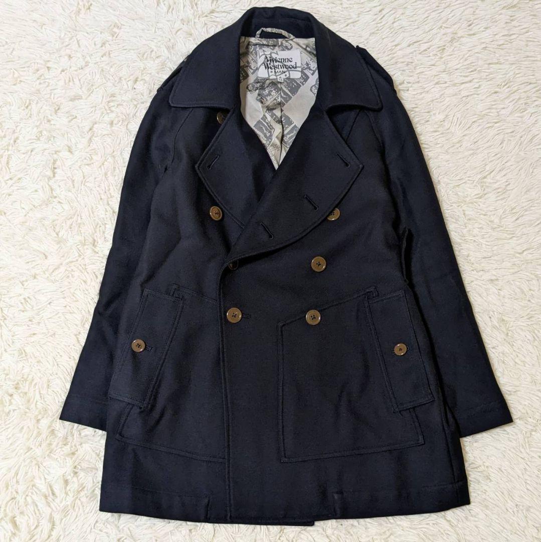 ヴィヴィアンウエストウッドマン 裏地オーブ総柄 トレンチコート ネイビー S
