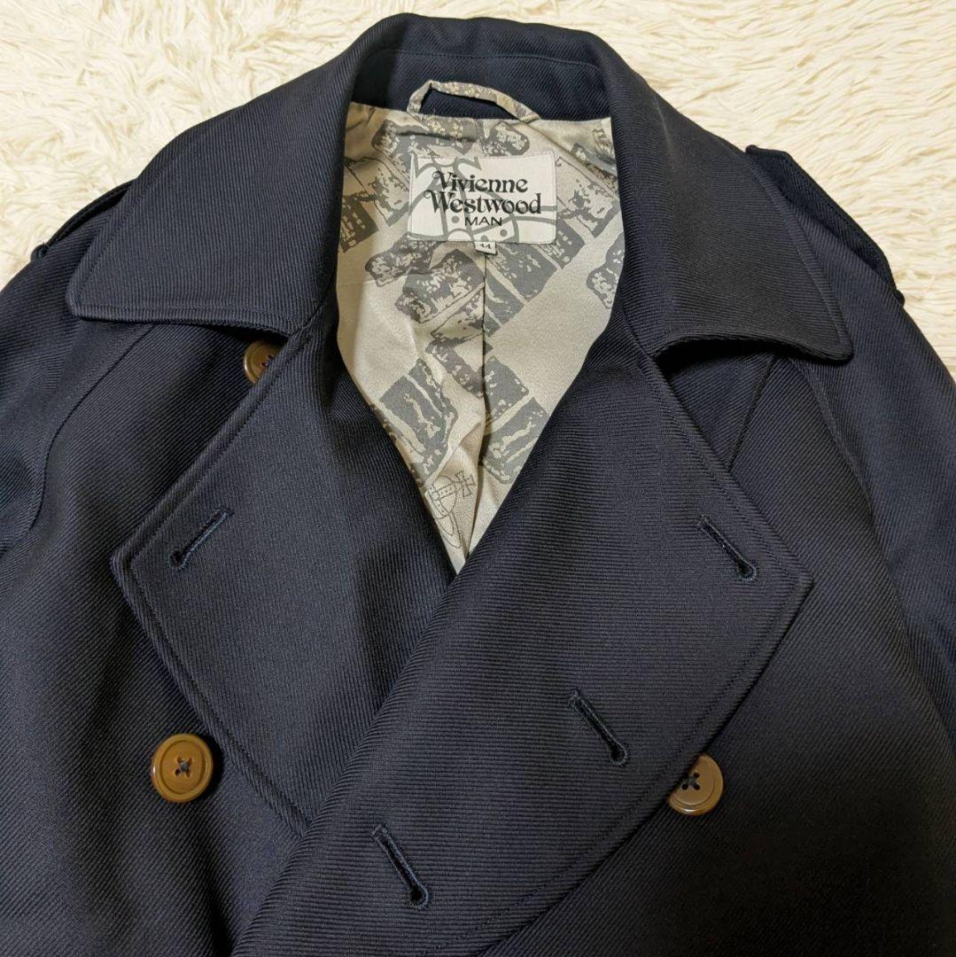 ヴィヴィアンウエストウッドマン 裏地オーブ総柄 トレンチコート ネイビー S