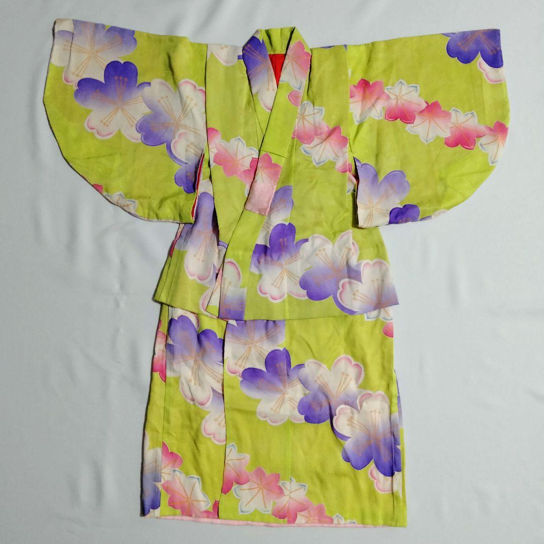 七五三　3歳　女の子　着物　アンティーク　桜模様　黄緑　錦紗　正絹　グリーン