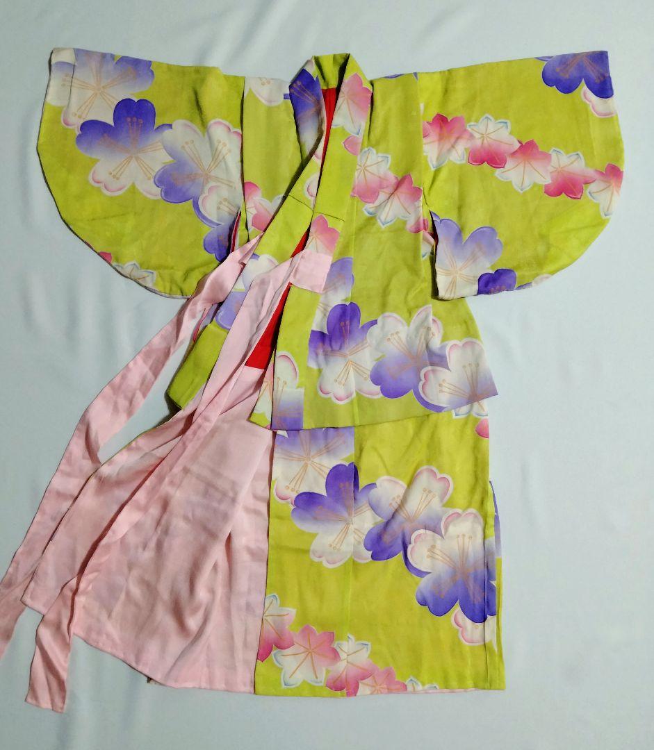 七五三　3歳　女の子　着物　アンティーク　桜模様　黄緑　錦紗　正絹　グリーン