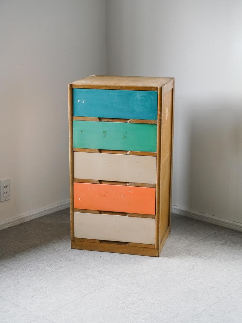 60-70's レトロポップ 古道具 木製 5段チェスト/収納 アンティーク