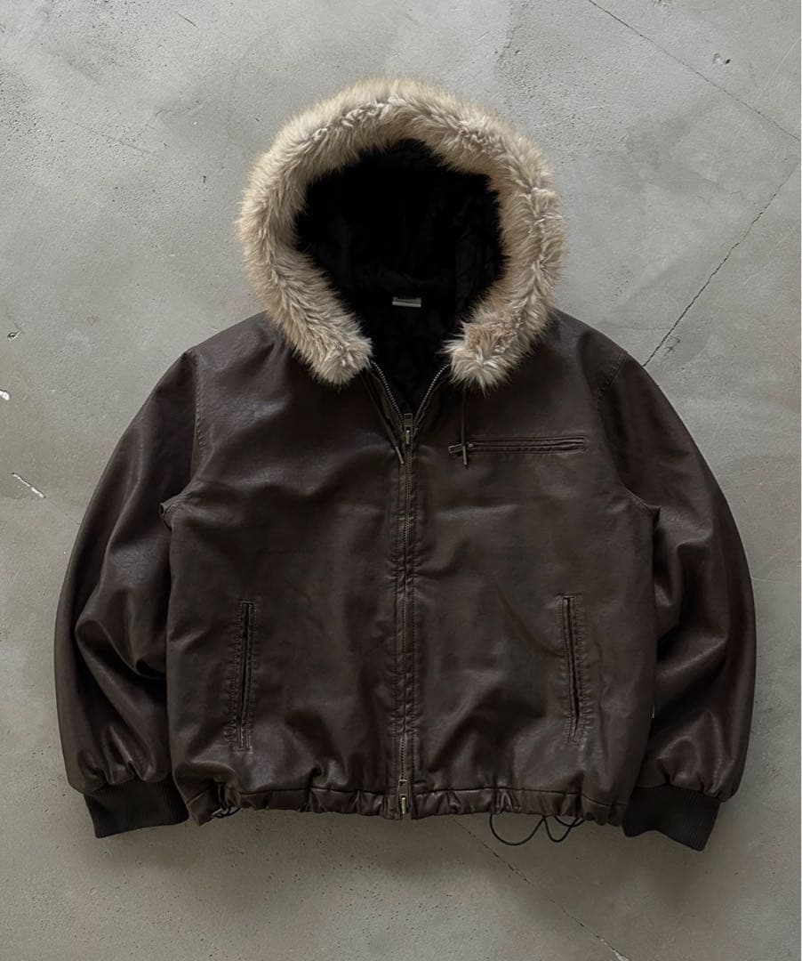 ブラウンレザーフードジャケット WISH FOR EVER