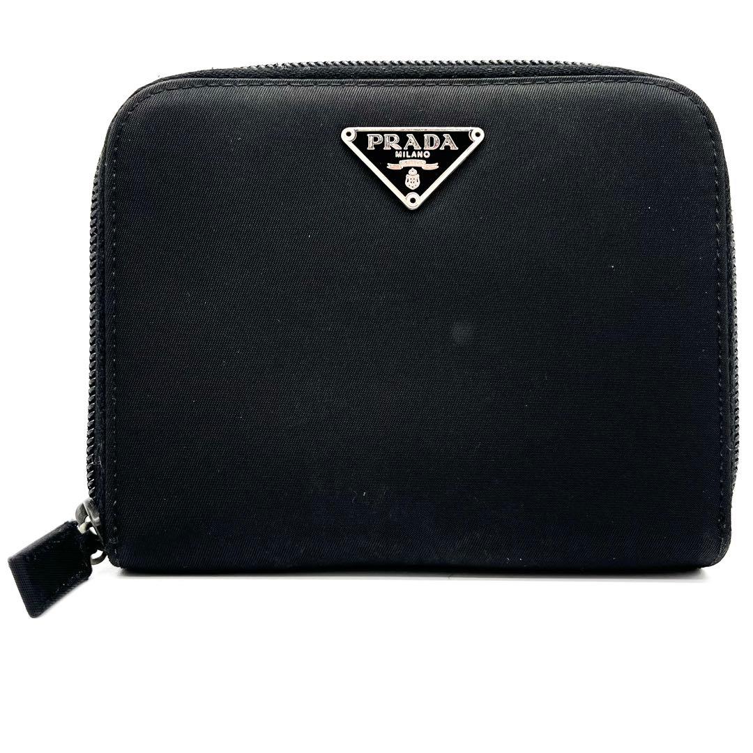 PRADA 二つ折り財布　ナイロン　三角プレート　シルバー　ブラック