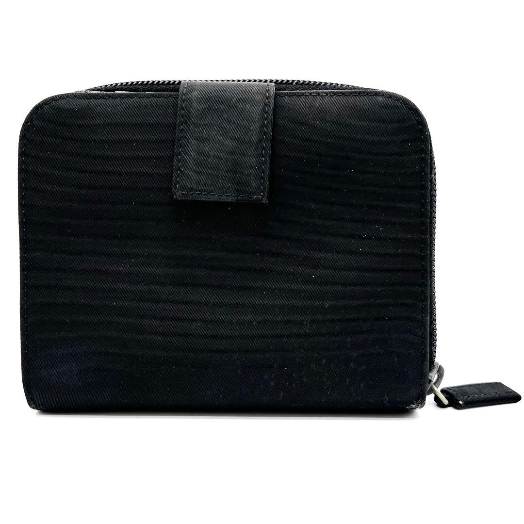 PRADA 二つ折り財布　ナイロン　三角プレート　シルバー　ブラック