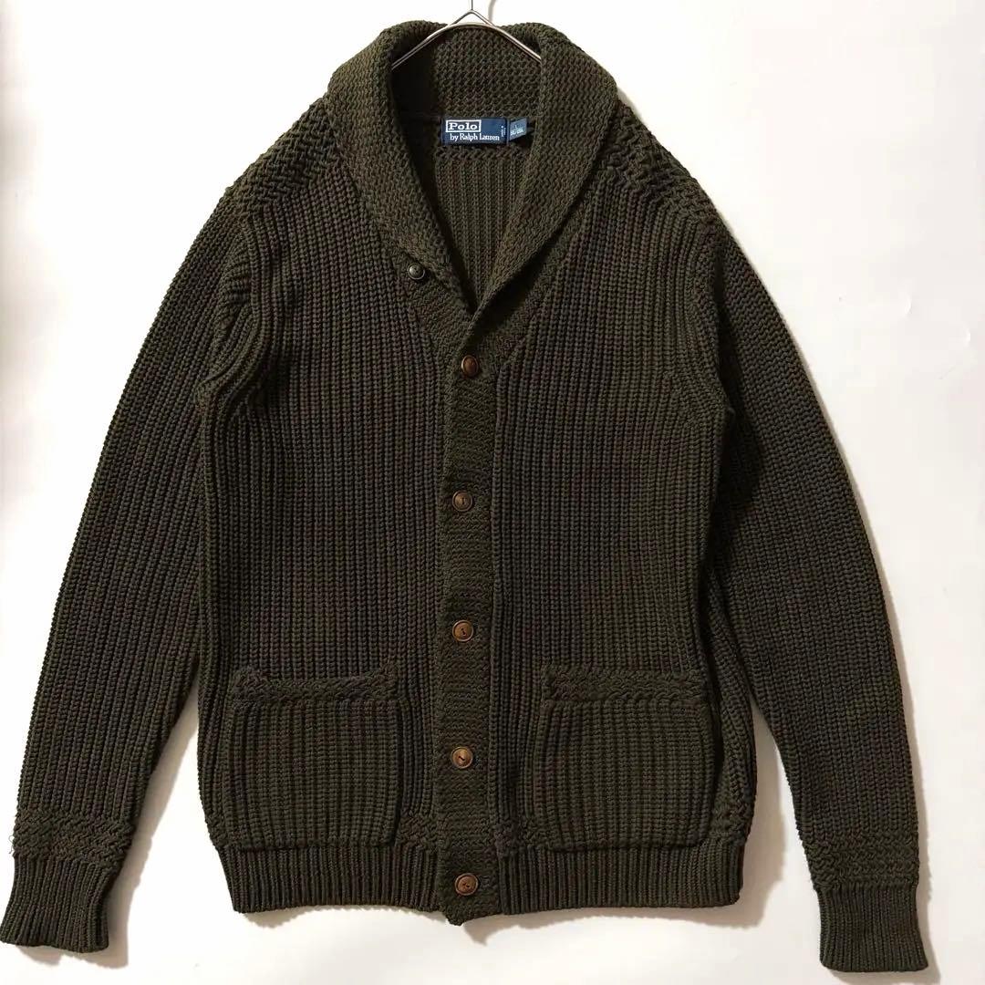 90s ポロバイラルフローレン ショールカラー ニットカーディガン カーキ L