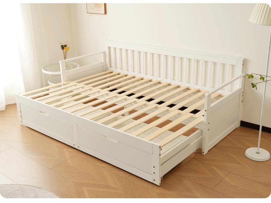 人気再入荷！伸長式ソファベッド 収納付き おしゃれ 天然木 WHITE