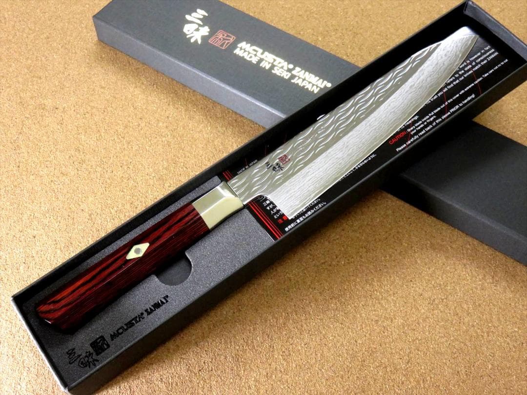 関の刃物 牛刀 180mm 三昧 波目 ダマスカス33層 両刃万能 包丁 肉切り