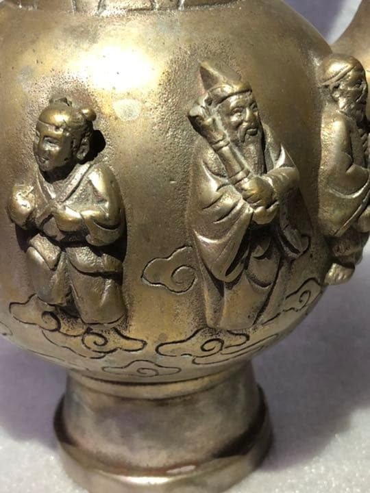 骨董品　古代酒器 酒壺　八仙人紋銀細工　在銘