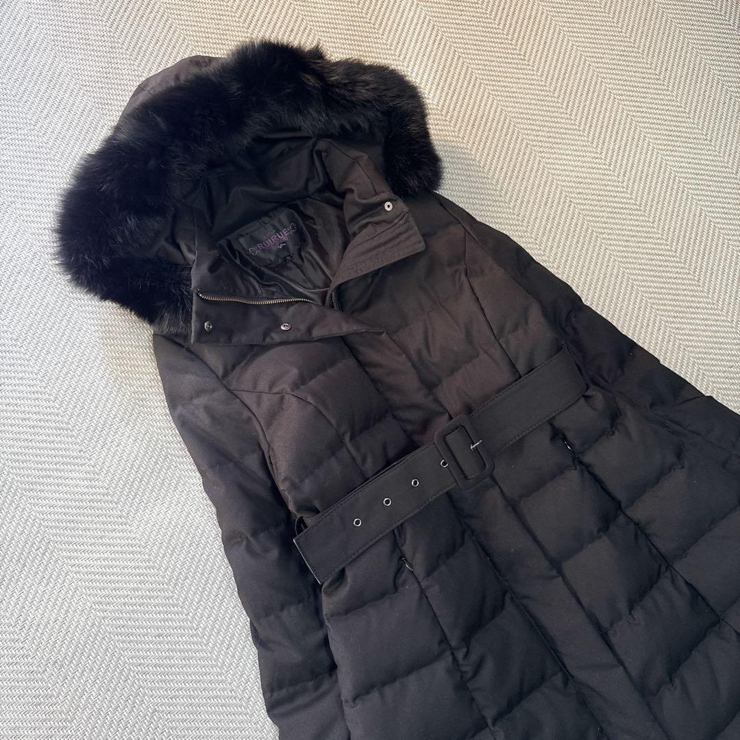 極美品 ルイルエブティック ベルト付きフォックスファーダウンコート 黒 LL
