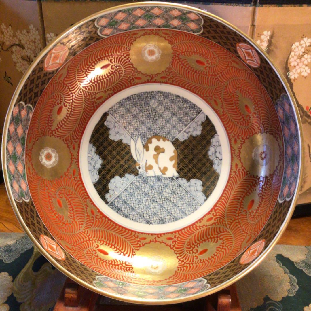 【特別出品】古伊万里　金蘭手　兎紋様　斑菟　赤絵唐草　七宝（江戸後期）大鉢　1客