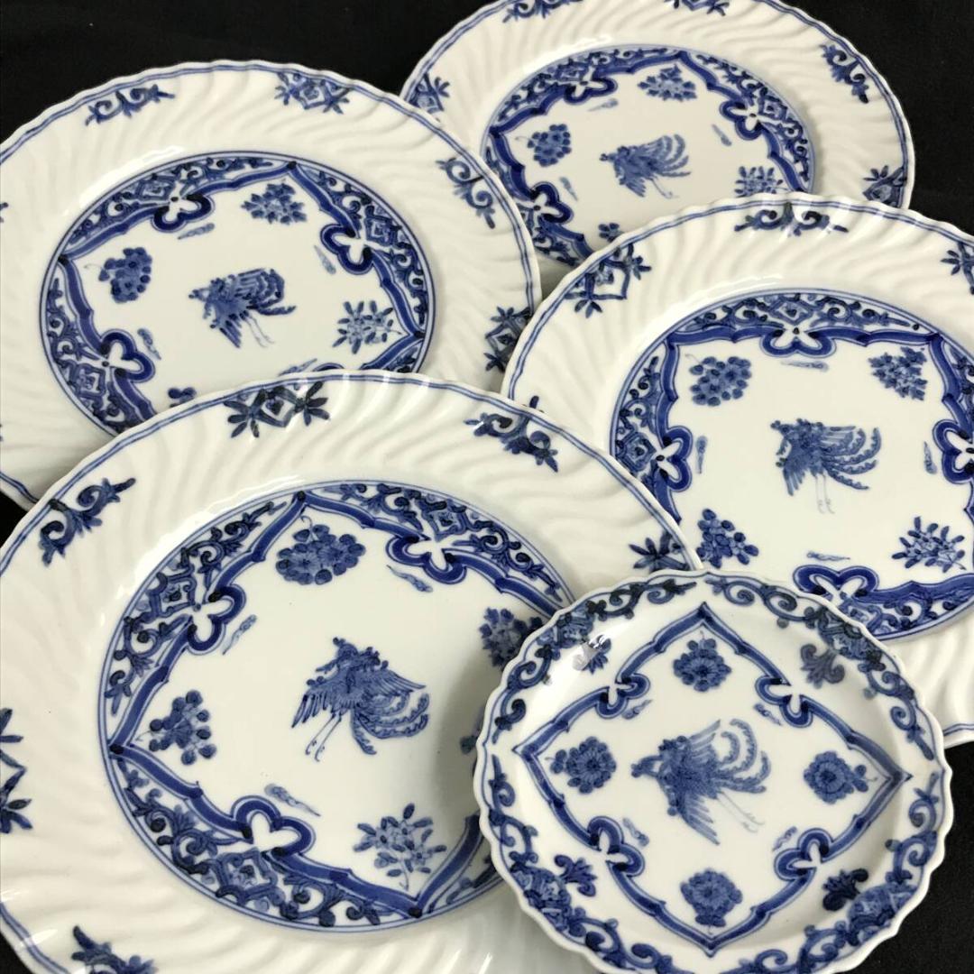 山本長左作 九谷焼 染付 花鳥文 皿 4客 輪花皿 径20cm×4 11㎝×1