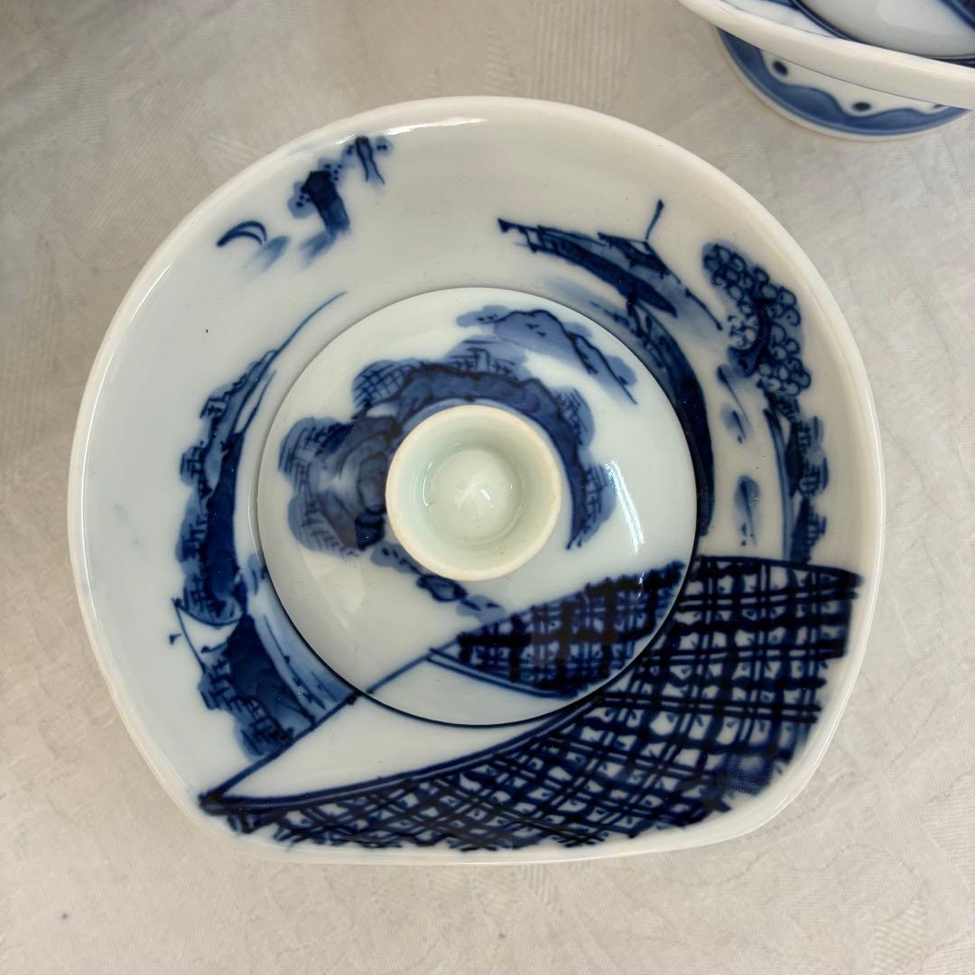 肥前皿山 三彩作 染付山水画 小蓋丼 蓋付高杯 染付の蓋椀 5客