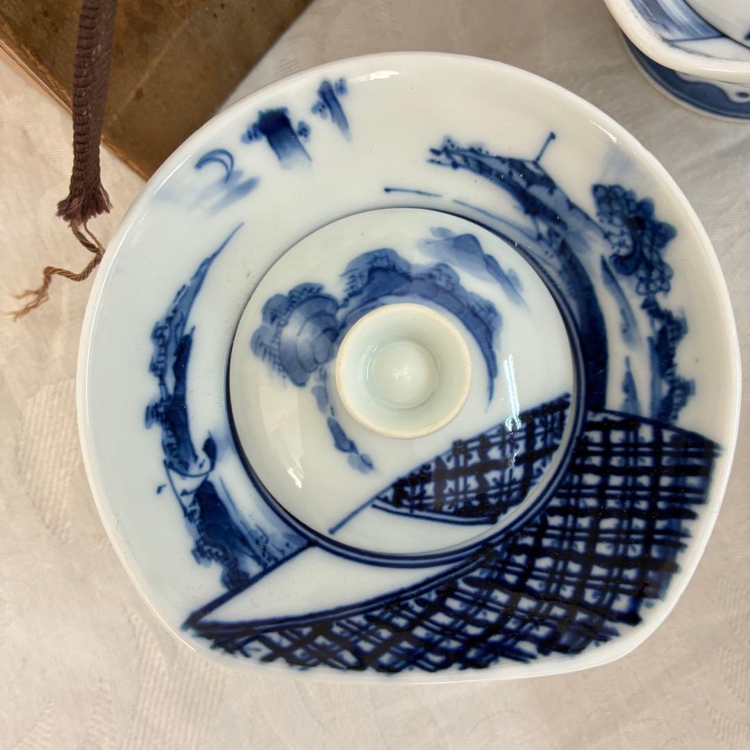 肥前皿山 三彩作 染付山水画 小蓋丼 蓋付高杯 染付の蓋椀 5客