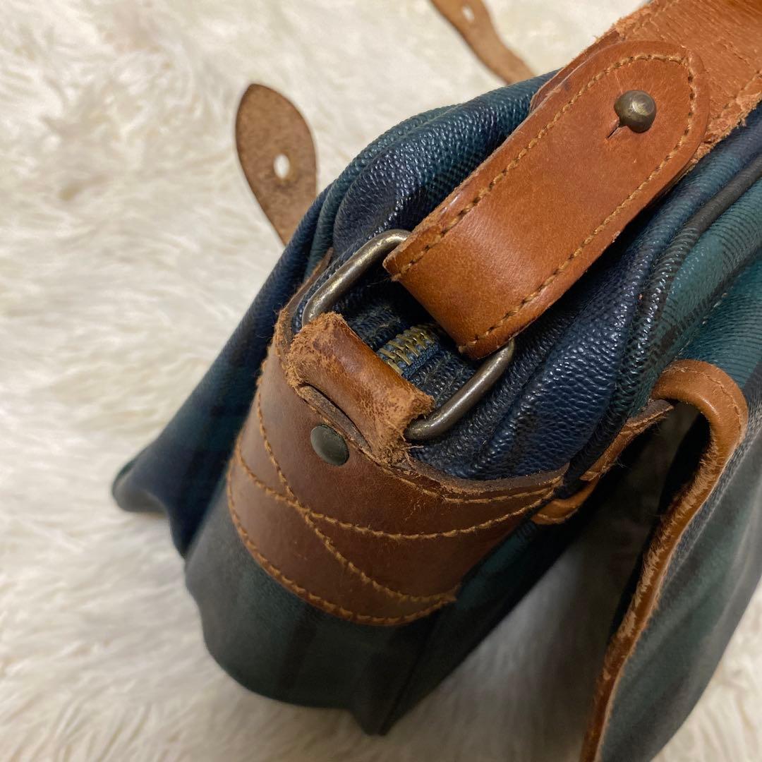 ポロ ラルフローレン メッセンジャーバッグ　グリーン　チェック　フラップ　レザー