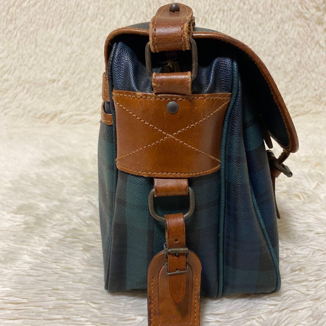 ポロ ラルフローレン メッセンジャーバッグ　グリーン　チェック　フラップ　レザー