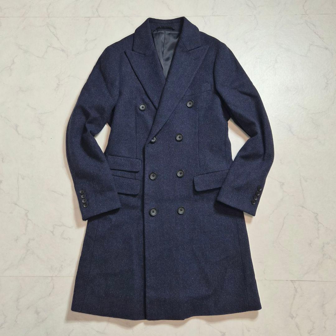 【美品】スーツセレクトヘリンボーン ダブルチェスターコート ネイビー M