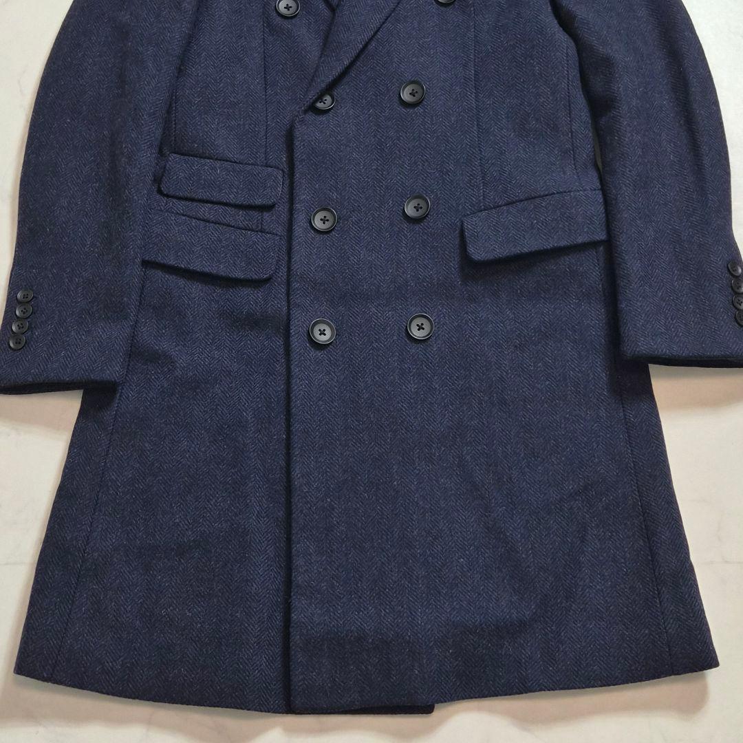 【美品】スーツセレクトヘリンボーン ダブルチェスターコート ネイビー M