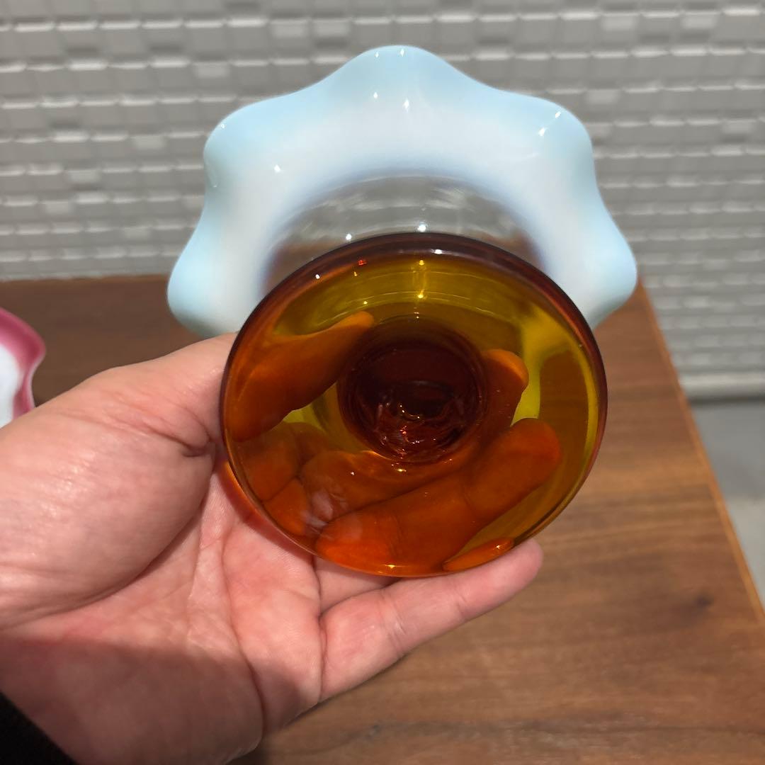 氷コップ 三色 手吹き ガラス 乳白色 レトロ 色付き脚 セット