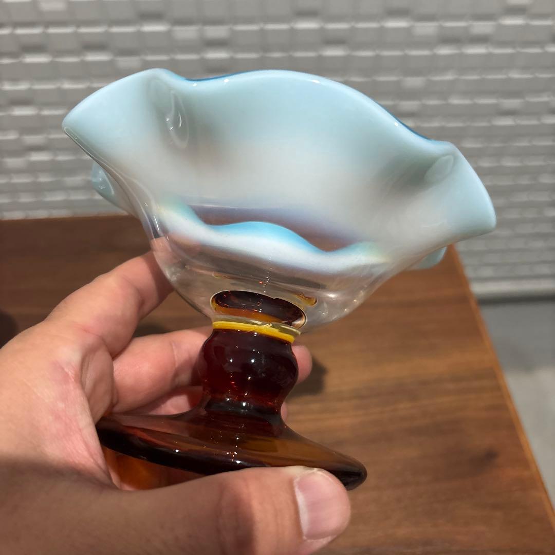 氷コップ 三色 手吹き ガラス 乳白色 レトロ 色付き脚 セット