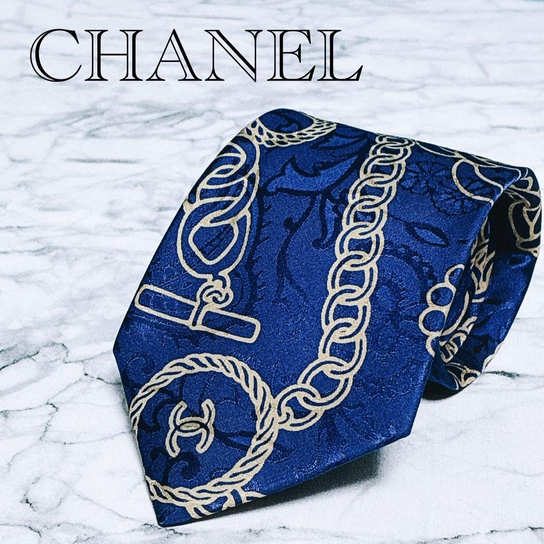 ✨未使用✨CHANEL ココマーク　チェーン総柄　鮮やかなブルー　ネクタイ
