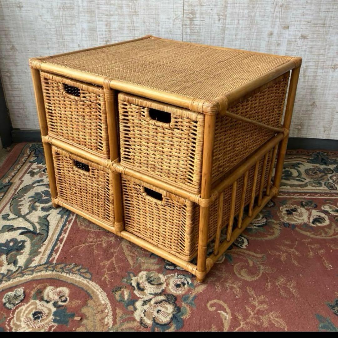 昭和レトロ ラタンチェスト 4段収納ラック 引き出しタンス 箪笥 ランドリー