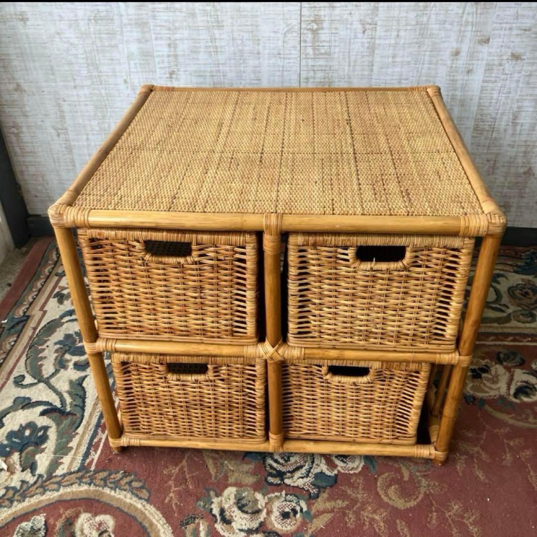 昭和レトロ ラタンチェスト 4段収納ラック 引き出しタンス 箪笥 ランドリー