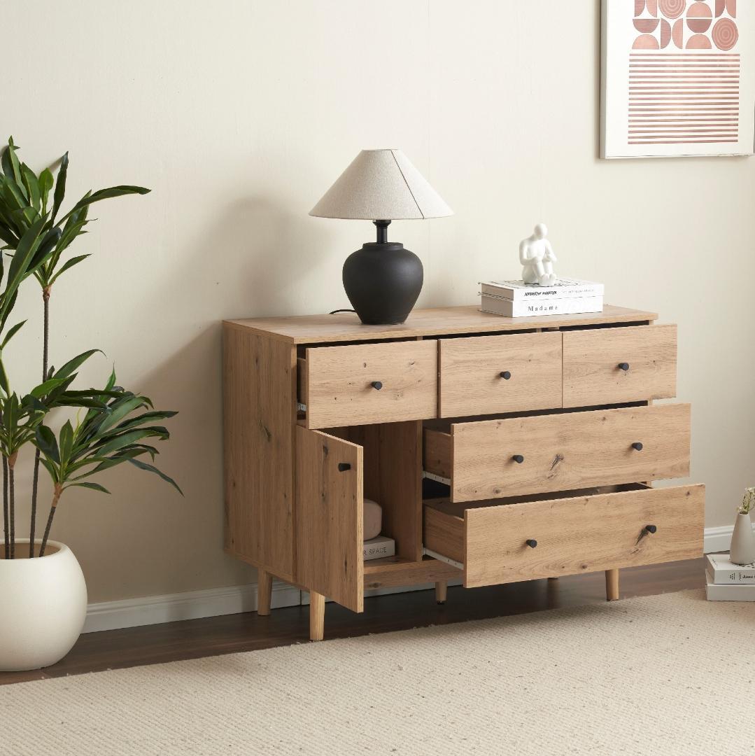 人気販売中！大容量サイドボード 引き出し5杯 リビングボード 洋服NATURAL