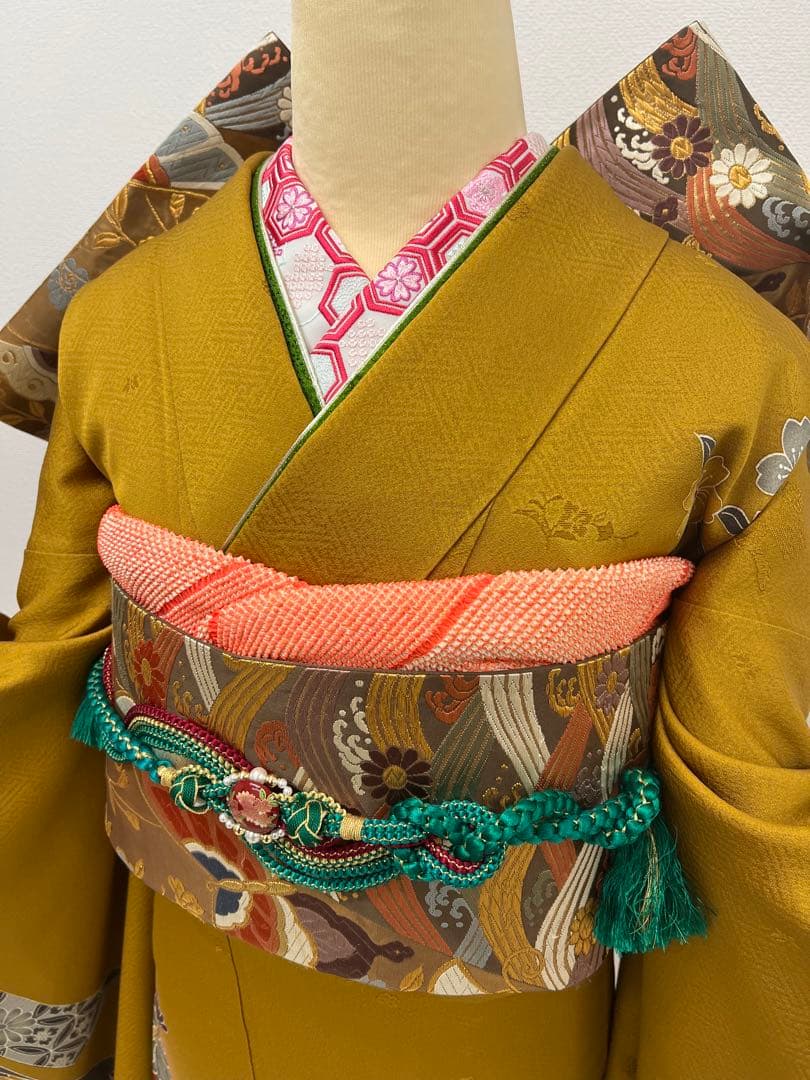 振り袖　フルセット　別誂長襦袢　美品　紅型　辛子色　成人式　結婚式　762