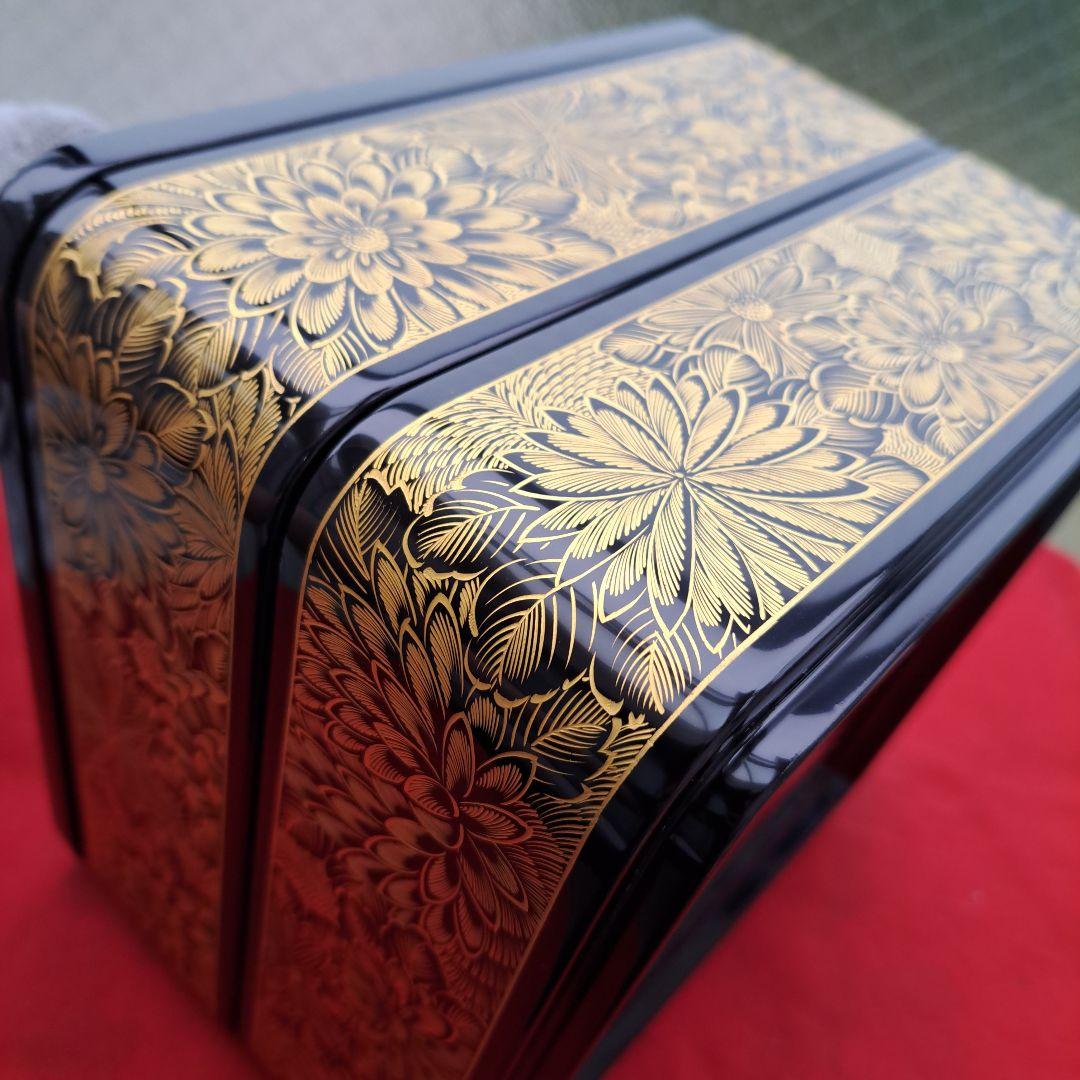 専用まとめ品 【輪島塗　7寸\"2段重箱】布着本堅地　 菊彫り詰め沈金　長期保管品