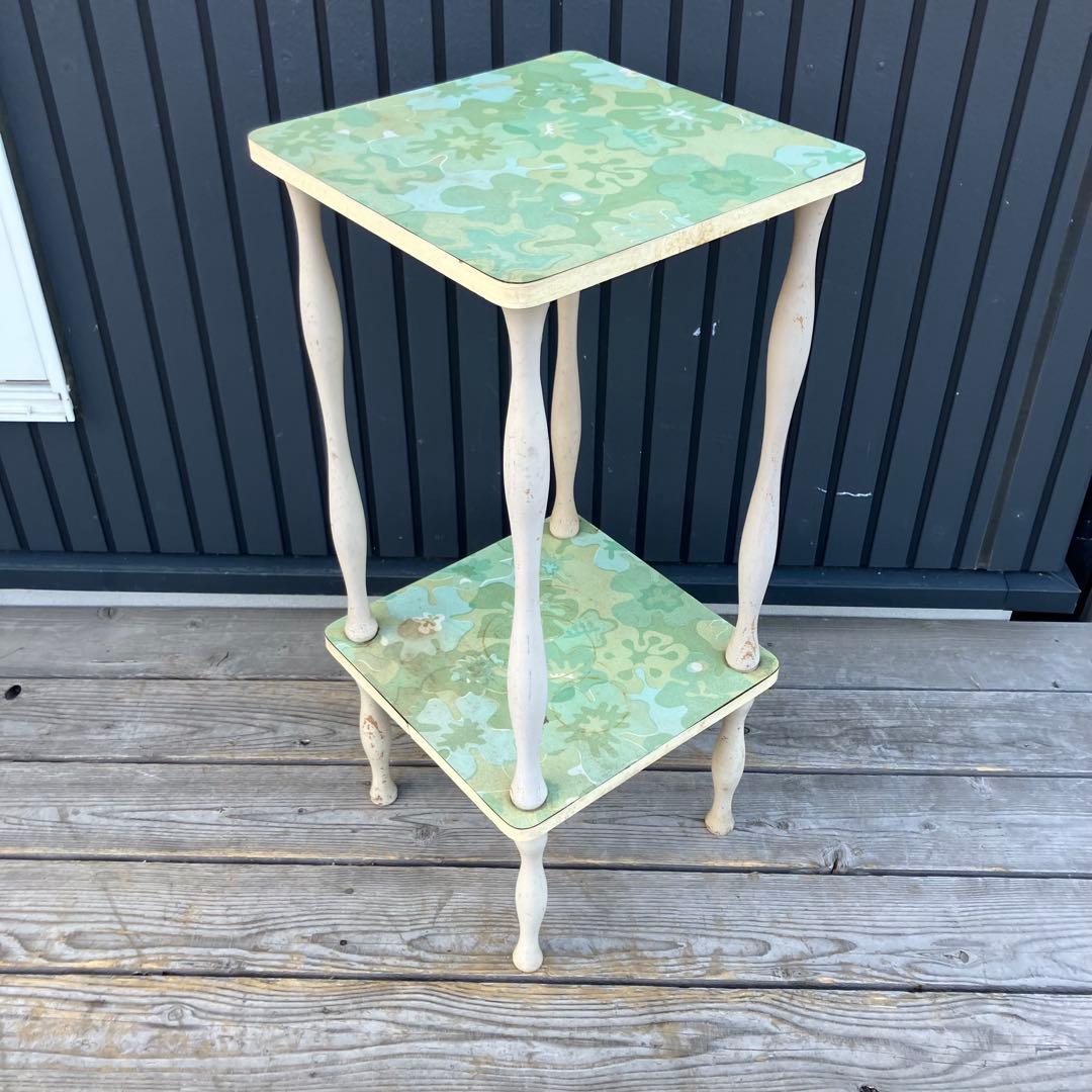 昭和レトロ ミッドセンチュリー 花柄2段木製ラック サイドテーブル 飾り棚 花台