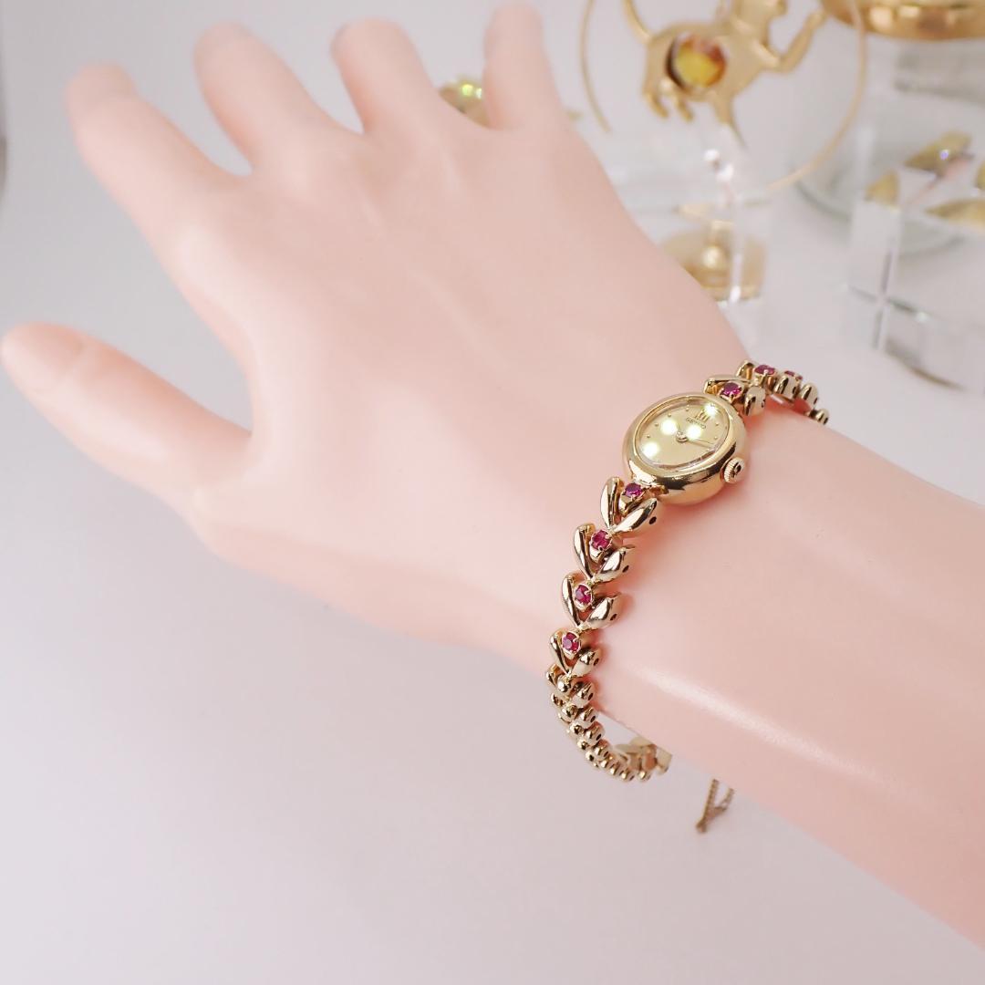 稼働★ セイコー レディース腕時計 ゴールド 赤石 ブレスレット 87年