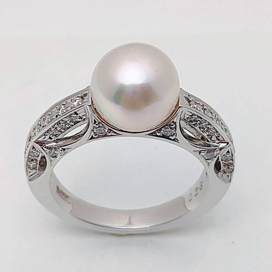 一粒真珠プラチナリング/小粒ダイヤ40個/ヴィンテージ/華やかデザイン