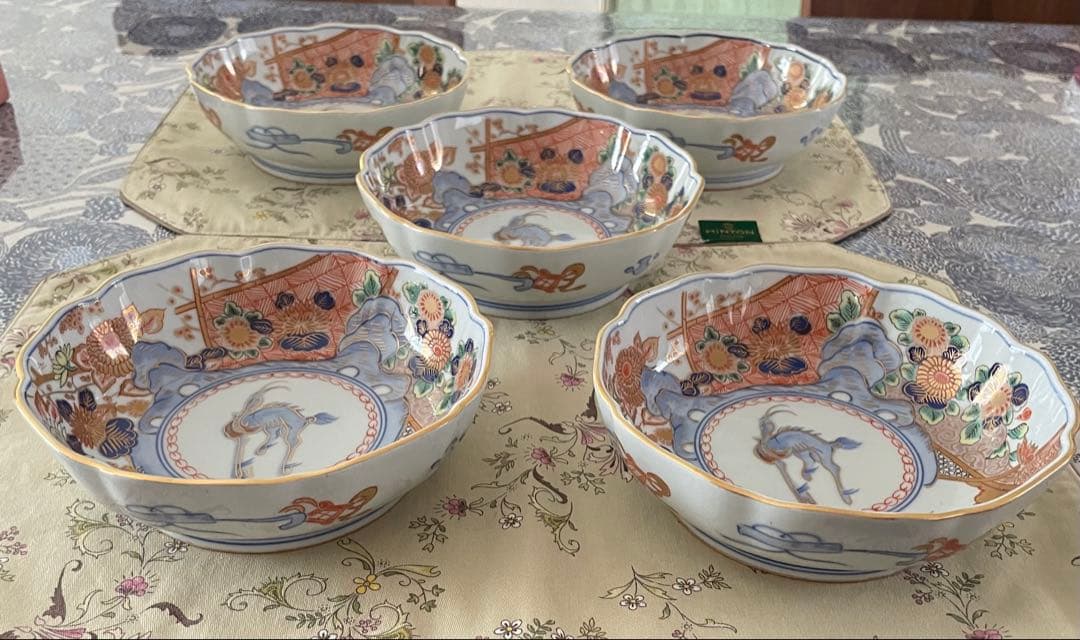 美品✨有田焼　古伊万里　色絵金襴手花鳥図輸花皿　年木谷窯　蒼峰　中皿５枚　鉢