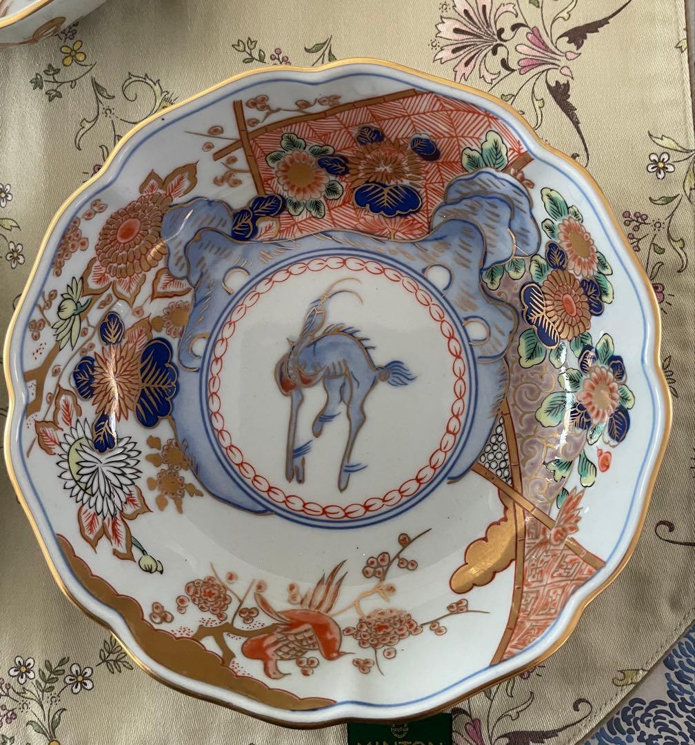 美品✨有田焼　古伊万里　色絵金襴手花鳥図輸花皿　年木谷窯　蒼峰　中皿５枚　鉢