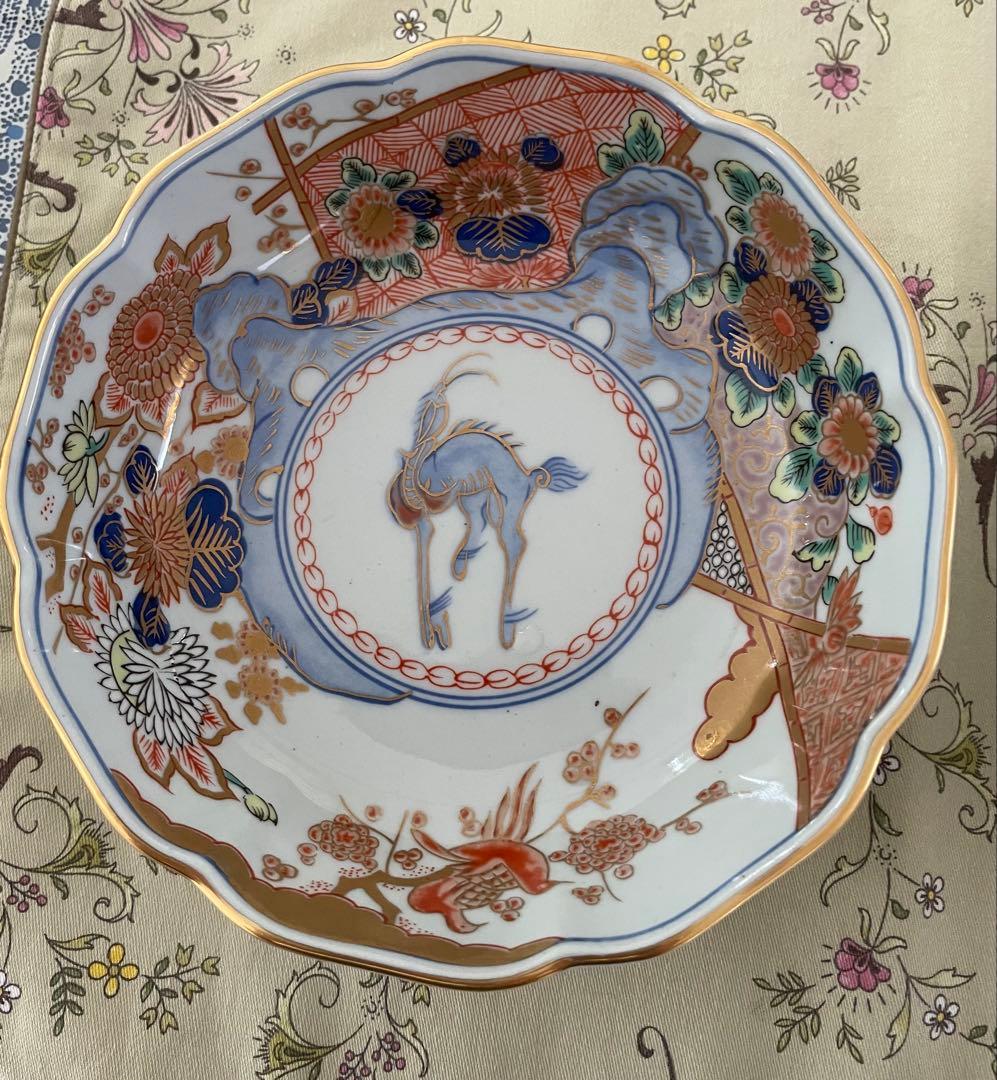 美品✨有田焼　古伊万里　色絵金襴手花鳥図輸花皿　年木谷窯　蒼峰　中皿５枚　鉢