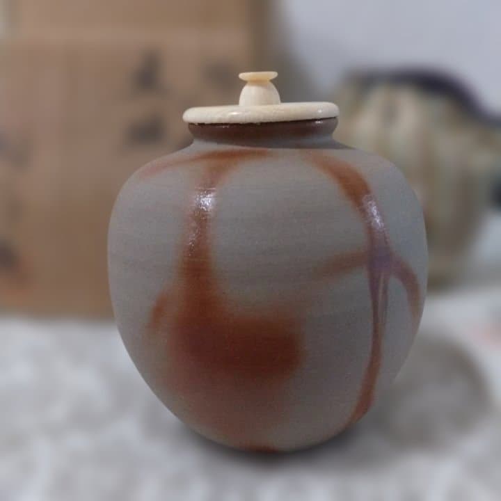 茶道具 備前焼 木村陶峰造 火襷 茶入 共箱・仕覆付　西陣織