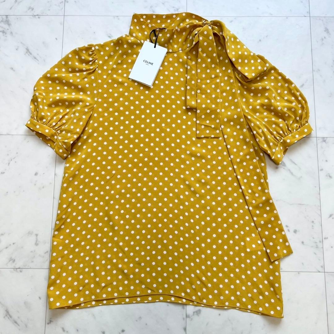 タグ付 CELINE 現行タグ シルク ドット ボウタイブラウス イエロー 36