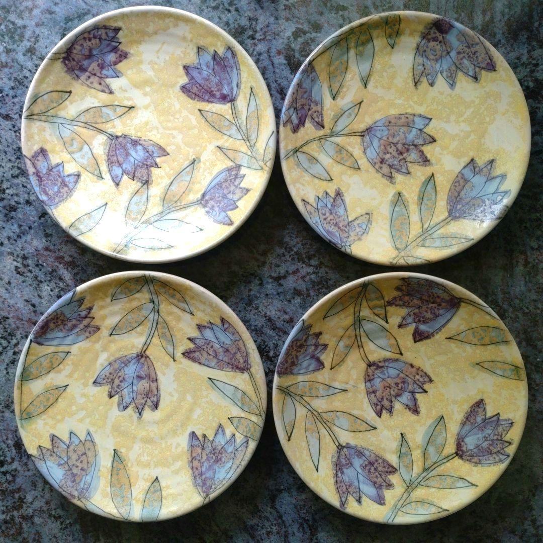 堂前守人　キキョウ文花絵皿　4枚セット