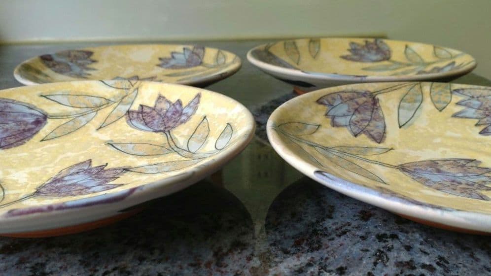 堂前守人　キキョウ文花絵皿　4枚セット