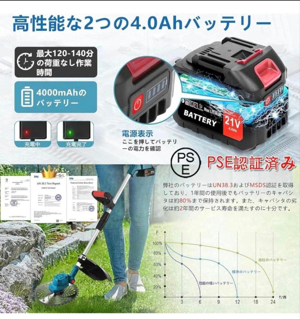 電動草刈機 充電式 草刈機 ブラシレスモーター 芝刈り機 バッテリー2個付 軽量