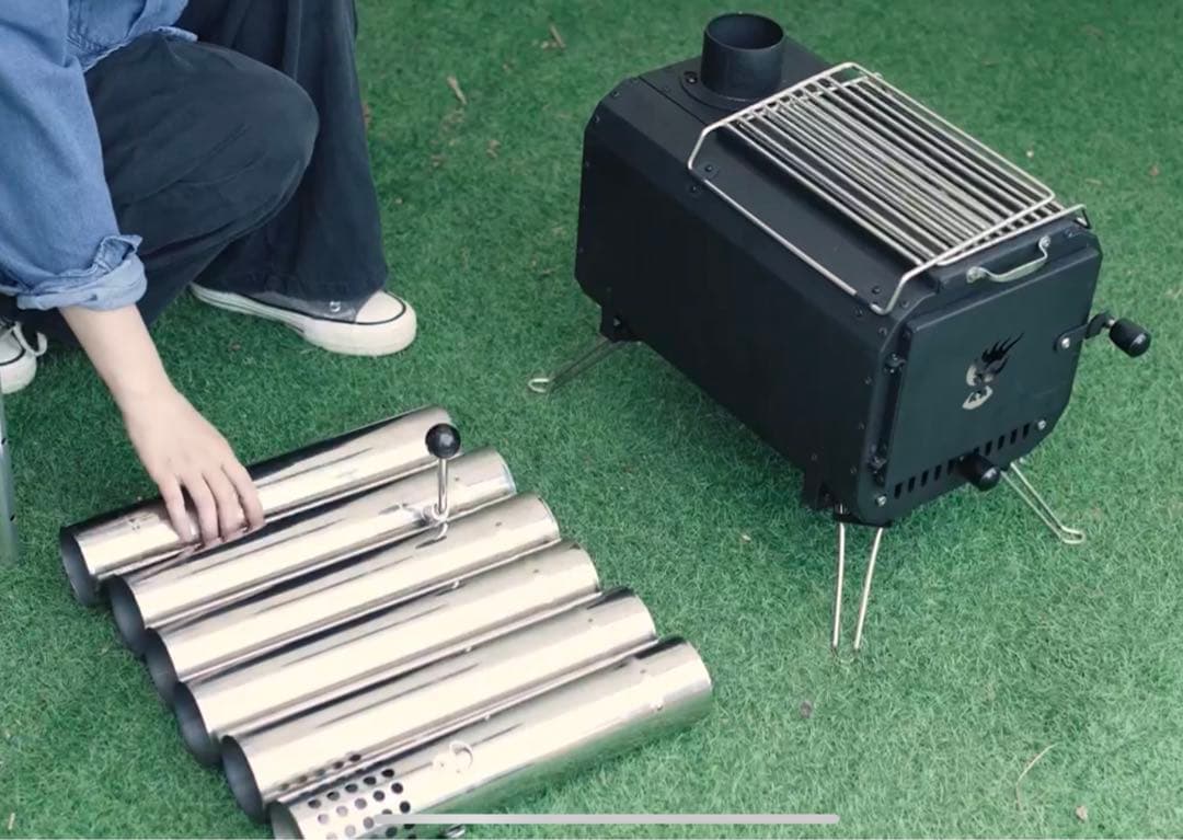 新品 多機能 グリル 薪ストーブ 2面耐熱ガラス窓 コンパクト 煙突・ケース付