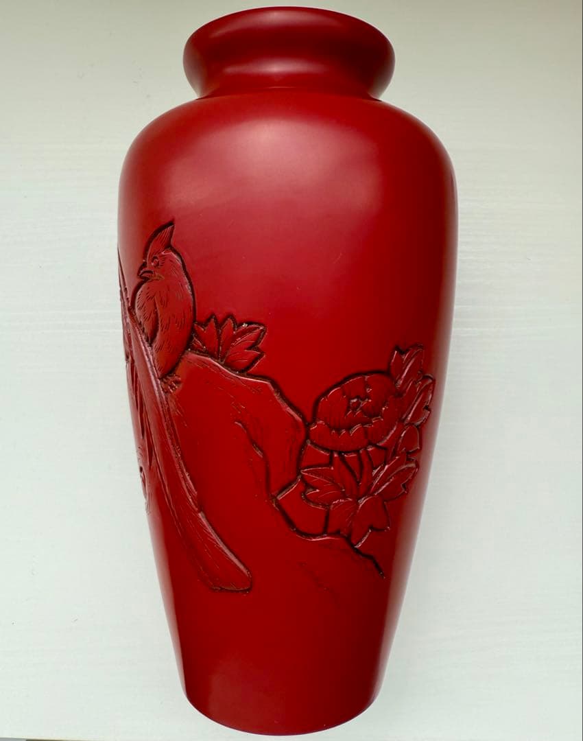 村上木彫堆朱　泉山作　堆朱　尺花瓶　花鳥　花器　新品未使用