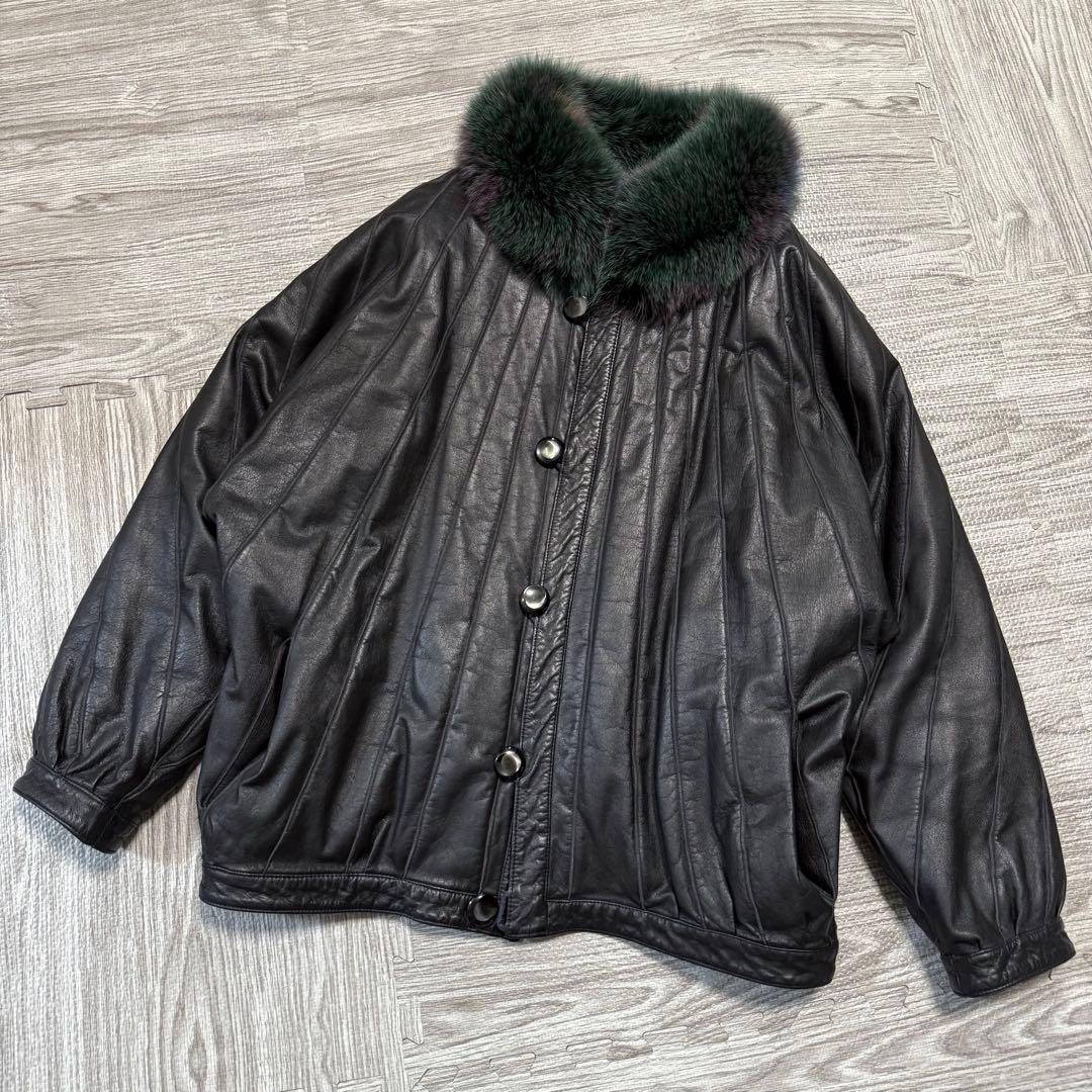 リバーシブル レザージャケット フォックスファー ブラック コート 革 グリーン