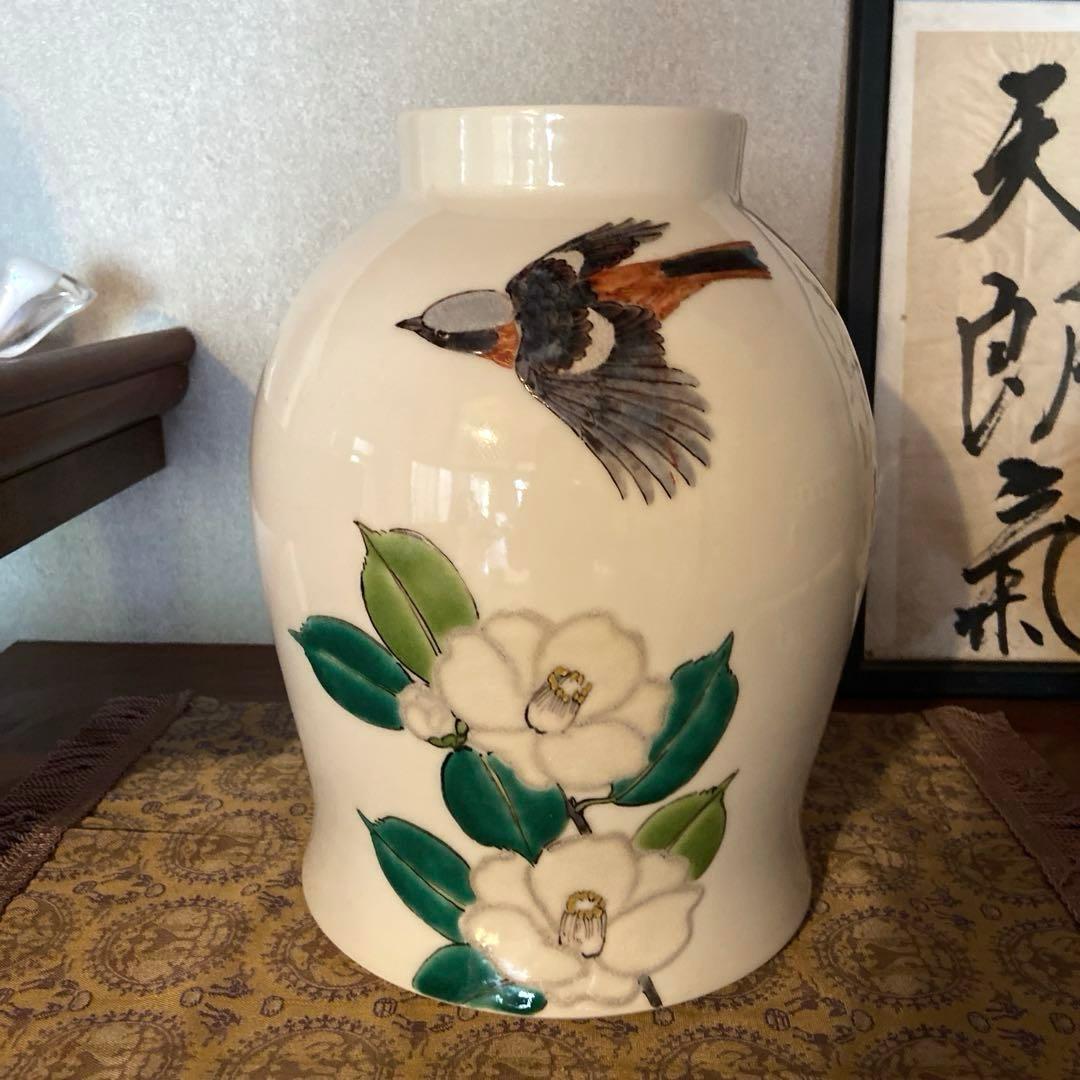 東京芸大　高橋絋　色絵　椿小鳥　壺　花瓶　置き物 木箱欠品