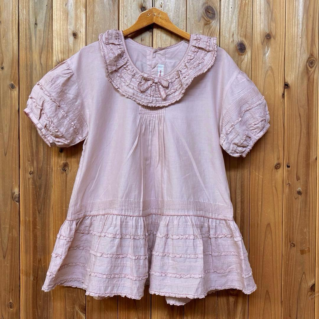 <極美品>ワンダフルワールド 綿ローン ふんわり半袖ピコフリルブラウス ピンク