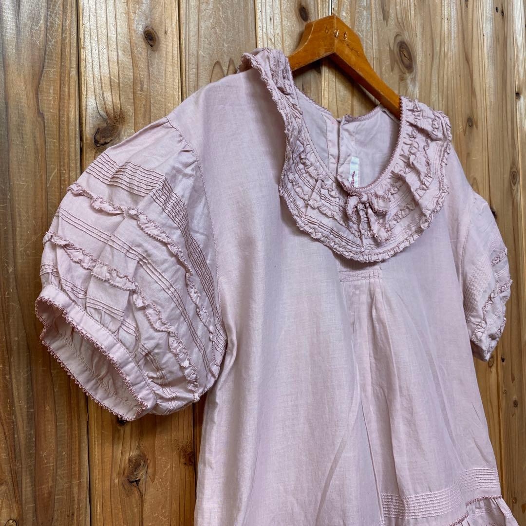 <極美品>ワンダフルワールド 綿ローン ふんわり半袖ピコフリルブラウス ピンク